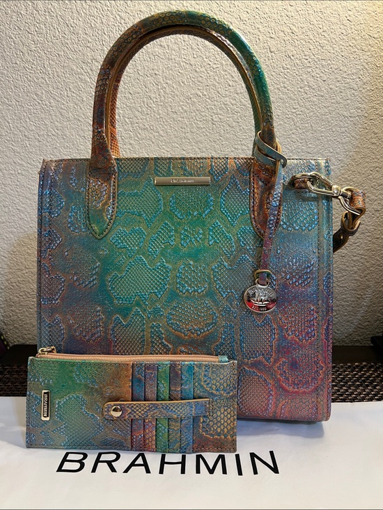 Brahmin Handbags - Brahmin Teal Multi Iridescent Python-Embossed Satchel with Matching Card Wallet
